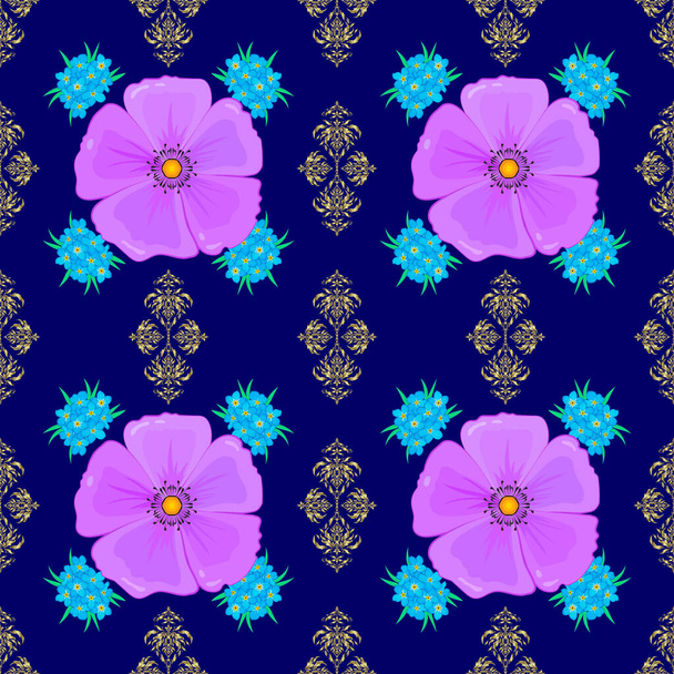 Repeating cosmos flowers pattern. Modern motley floral seamless pattern in neutral, blue and violet colors. Floral print. - Vector, Image