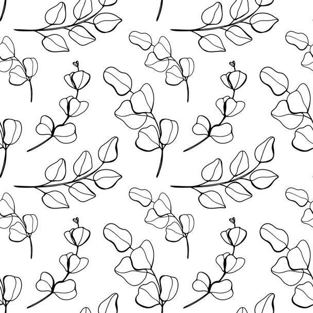 Digital art cute doodle contour eucalyptus seamless pattern on a white background. Print for invitations, cards, banners, posters, fabrics, wrapping paper, beauty business, web. - Zdjęcie, obraz