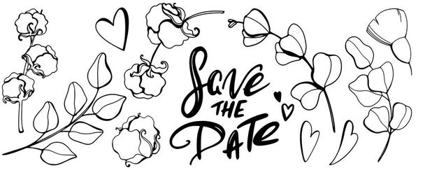 Digitale Kunst niedliche handgemachte Doodle umreißen Baumwollblume, Eukalyptus, speichern Sie das Datum. Druck für Karten, Einladungen, Banner, Poster, Aufkleber, Webdesign, Verpackungen, Stoffe, Papierprodukte. - Foto, Bild