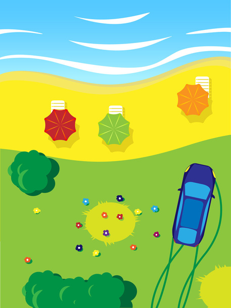 Sea with umbrellas and grass, flower, tree, car - Vector, afbeelding