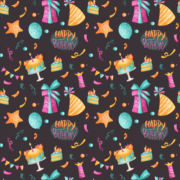 Digitale kunst leuke heldere verjaardag naadloos patroon met taart, confetti op een donkere achtergrond. Print voor inpakpapier, kaarten, banners, webdesign, stoffen, geschenkzakjes en -doosjes. - Foto, afbeelding