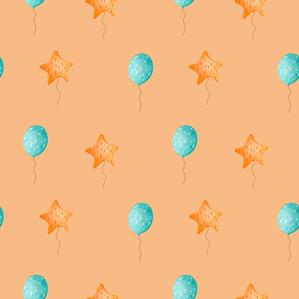 Digitale kunst leuke heldere verjaardag naadloos patroon met ballonnen op een perzik achtergrond. Print voor inpakpapier, kaarten, banners, webdesign, stoffen, verpakkingen, cadeauzakjes en -doosjes. - Foto, afbeelding
