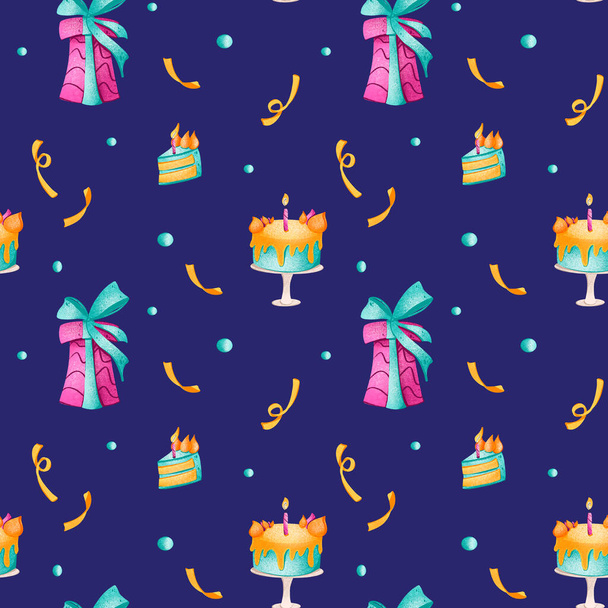 Digitale kunst leuke heldere verjaardag naadloos patroon met taart op een blauwe achtergrond. Print voor inpakpapier, kaarten, banners, webdesign, stoffen, verpakkingen, cadeauzakjes en -doosjes. - Foto, afbeelding