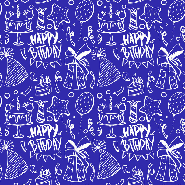 Digitale kunst doodle omtrek naadloze verjaardag patroon met taart, confetti op een blauwe achtergrond. Print voor inpakpapier, kaarten, banners, webdesign, stoffen, geschenkzakjes en -doosjes. - Foto, afbeelding