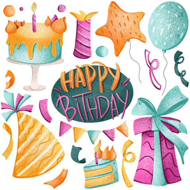 Digitální texturální jasný ilustrační set Happy Birthday. Balónky, konfety, dort, dárek, vlajky. Tisk na karty, bannery, plakáty, tkaniny, web, balicí papír. - Fotografie, Obrázek