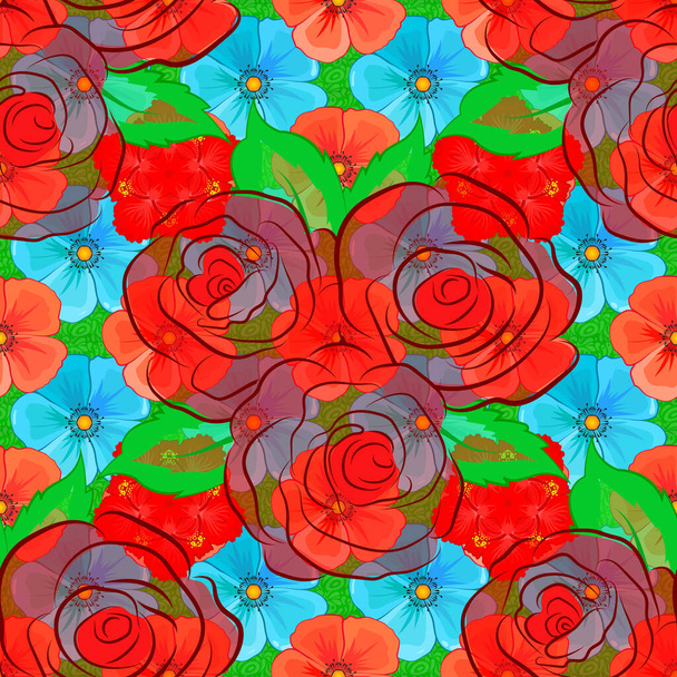 Abstract elegantie vector naadloos patroon met rozenbloemen en groene bladeren op een groene achtergrond. - Vector, afbeelding