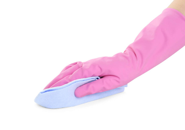 Person in rubber glove with rag on white background, closeup of hand - Фото, зображення