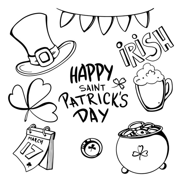 Ψηφιακή απεικόνιση doodle περίγραμμα σύνολο ευτυχισμένη ημέρα άγιος Patrick, καπέλο, ale, τριφύλλι, χρυσό δοχείο. Εκτύπωση για κάρτες, πανό, αφίσες, web design, υφάσματα, εστιατόρια και ταμπέλες. - Φωτογραφία, εικόνα