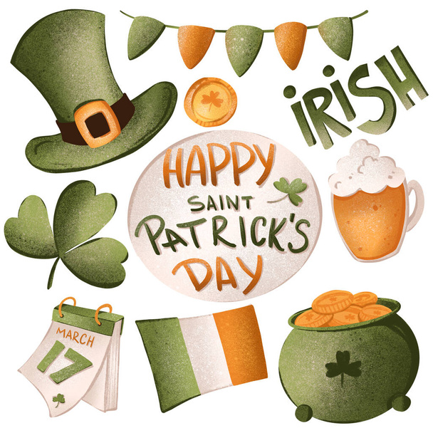 Digital illustration of a cute book set of happy saint patrick day, hat, ale, clover, gold pot. Print for cards, banners, posters, web design, textiles, restaurants and signboards. - Photo, Image
