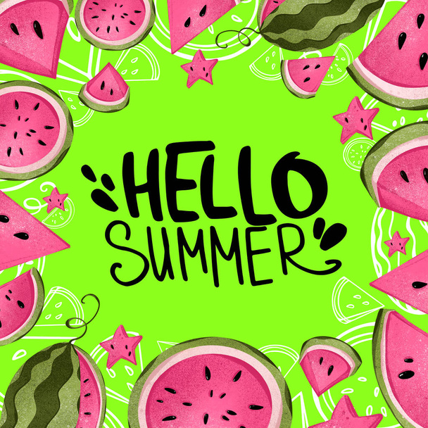 Digitale illustratie trendy handschrift hello summer op een heldergroene achtergrond met roze plakjes watermeloen met pitten. Print voor banners, posters, stoffen, kaarten, papier, kleding. - Foto, afbeelding