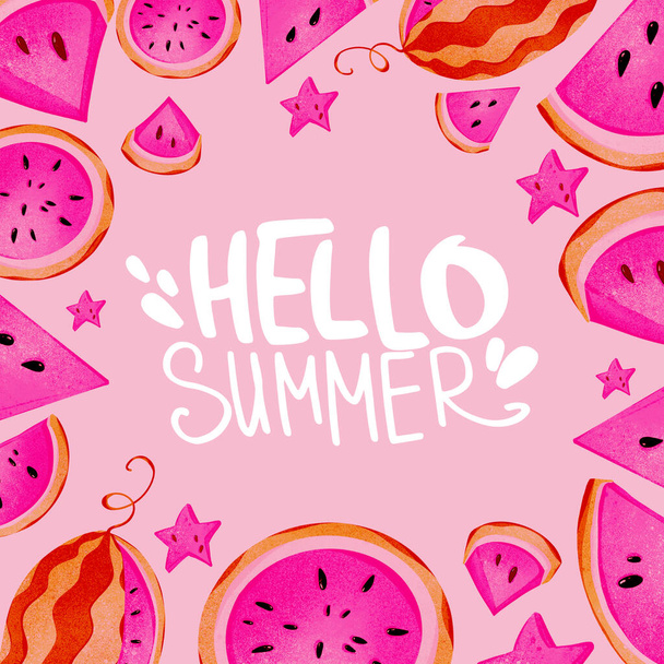 Illustrazione digitale di tendenza mano lettering ciao estate su uno sfondo rosa brillante con fette di anguria arancio-rosa con pietre. Stampa per banner, manifesti, tessuti, carte, carta, vestiti
. - Foto, immagini