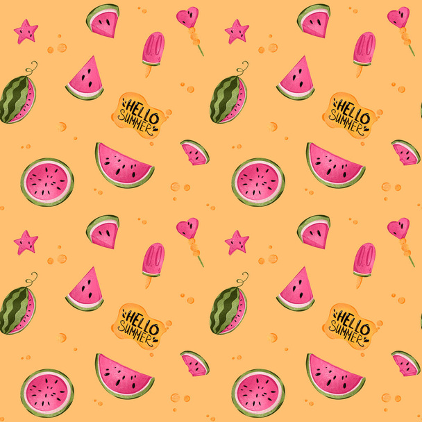 Digitale Illustration eines süßen saftigen rosa Wassermelonenmusters auf orangefarbenem Hintergrund. Druck für Stoffe, Papier, Banner, Poster, Bezüge, Textilien. - Foto, Bild