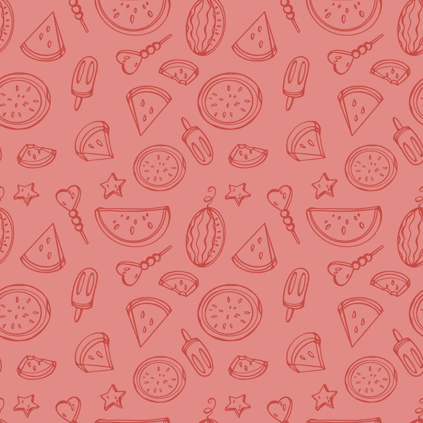 Digital illustration of a cute doodle black outline watermelon pattern on a coral pink background. Print for fabrics, paper, banners, posters, invitations, textiles, packaging. - Photo, image
