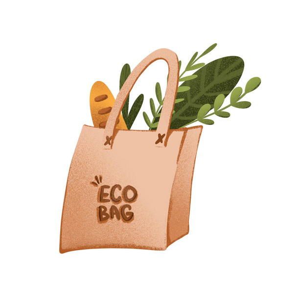 Digital illustration of a cute eco-friendly paper bag with food. Print for stickers, paper, fabrics, posters, banners, web design. - Photo, Image