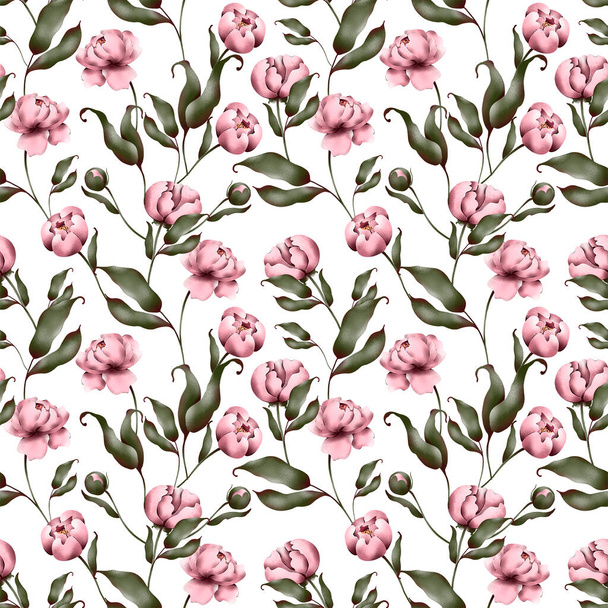 Digital flat illustration of elegant pink peonies seamless pattern from elements on a white background. Print for the design of cards, invitations, banners, fabrics, posters, paper, covers. - Foto, afbeelding