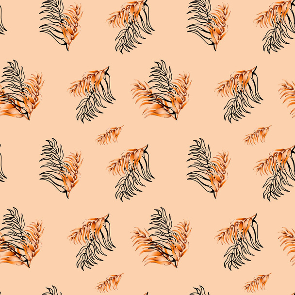 Cyfrowa płaska ilustracja bezszwowy wzór pojedynczy egzotyczny niezwykły pomarańczowo-ładny liść. Druk na karty, zaproszenia, banery, tkaniny. - Zdjęcie, obraz