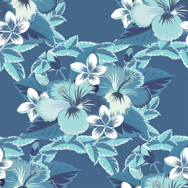Elegant seamless pattern with decorative blue hibiscus flowers. Vector floral pattern for wedding invitations, greeting cards, scrapbooking, print, gift wrap, manufacturing fabric, textile. - Vektör, Görsel