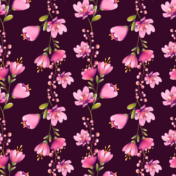 Ilustração digital de um padrão de impressão floral na moda. Pequenas tulipas, folhas e bagas em uma textura sem costura. Verão e primavera motivo para cartões, banners, tecidos, convites
. - Foto, Imagem