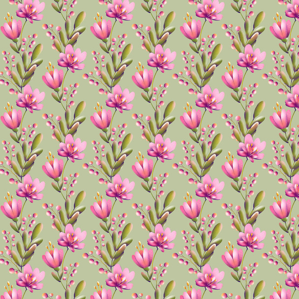Ilustración digital de un estampado floral de moda. Pequeños tulipanes, hojas y bayas en una textura perfecta. Motivo de verano y primavera para tarjetas, pancartas, telas, invitaciones
. - Foto, imagen