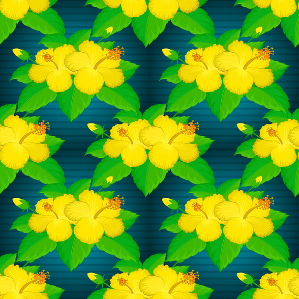 Vektorillustration. Weicher Aquarell-Hibiskusblütendruck - nahtloses Muster in den Farben blau, gelb und grün. - Vektor, Bild