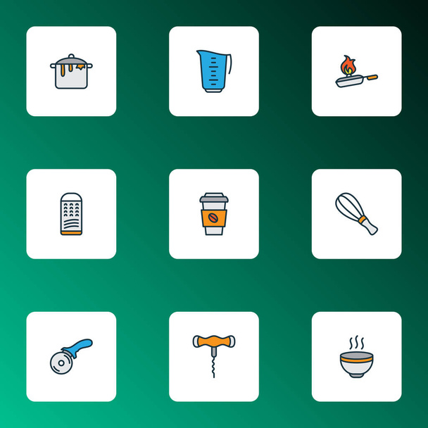 Cook icons colored line set with corkscrew, hot soup, pizza knife and other mixer elements. Isolated illustration cook icons. - Photo, Image