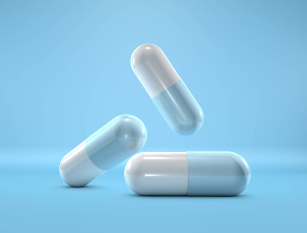 Medicine capsules on blue background. 3d illustration - Photo, Image