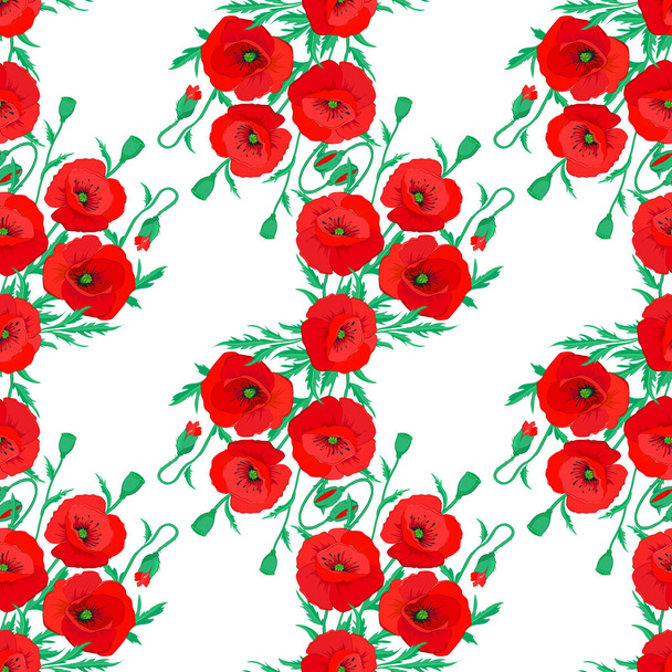 白い背景に赤ケシと緑の葉のシームレスなベクトルパターン. - ベクター画像
