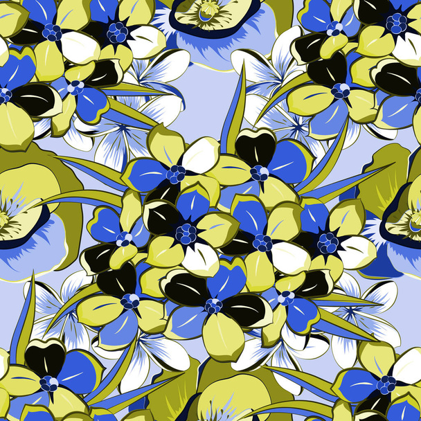Nahtloses Blumenmuster in niedlichen Vergissmeinnicht-Blumen in grau, blau und gelb. Vektorillustration. - Vektor, Bild