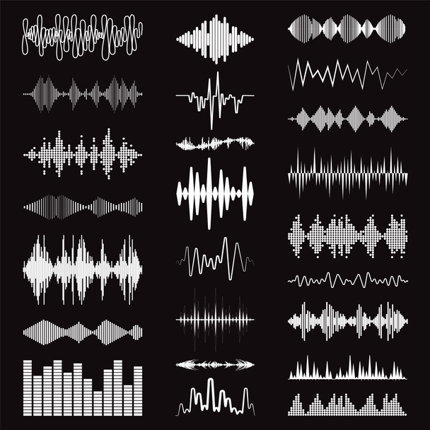 Fehér hanghullámok logó gyűjtemény fekete háttér. Modern zenei kiegyenlítő elemek készlet. Digitális, lapos, izolált hangszimbólumok. Jpeg hullámforma technológia illusztráció - Fotó, kép