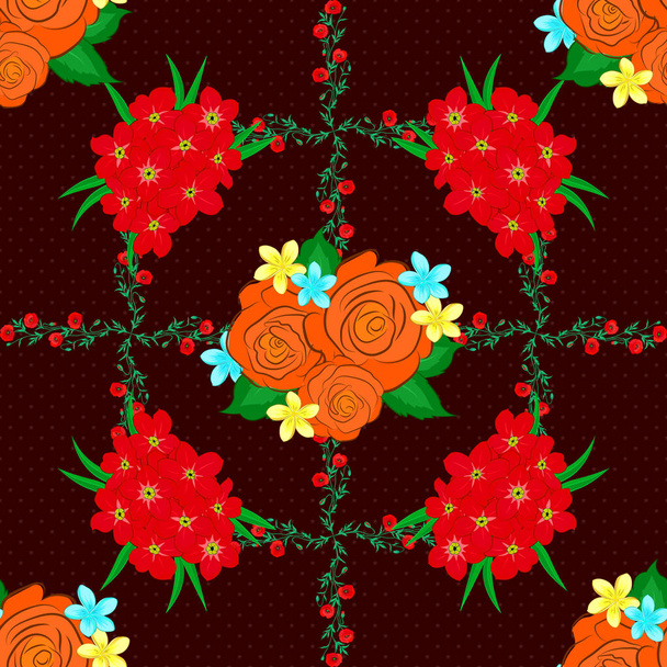 抽象的なベクトル背景。紅色、橙色、茶色の花や葉を咲かせるプリムラのある花のようなシームレスなパターン。プリムラの花のスタイリッシュな壁紙. - ベクター画像