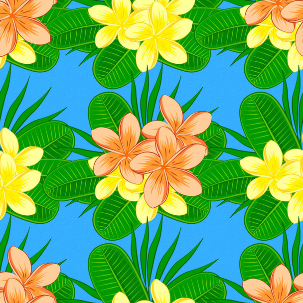 Cute vector floral background. Plumeria flowers seamless pattern on a blue background. - Vektor, obrázek