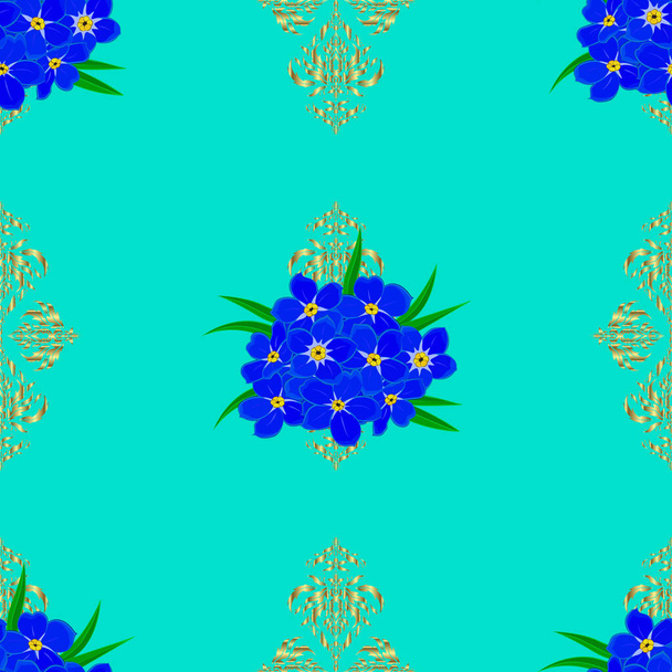 Abstract elegance vector seamless pattern with forget-me-not flowers in blue and green colors. - Vetor, Imagem