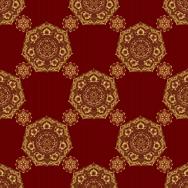 Traditional Thailand golden background and texture with grid. Golden pattern thai silk style vector design for print, fabric or textile. Line thai seamless pattern golden on a red backdrop. - Vector, afbeelding