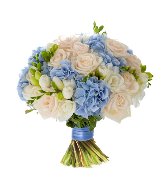 クリームバラ、フリージアとブルーアジサイの結婚式の花束 - 写真・画像