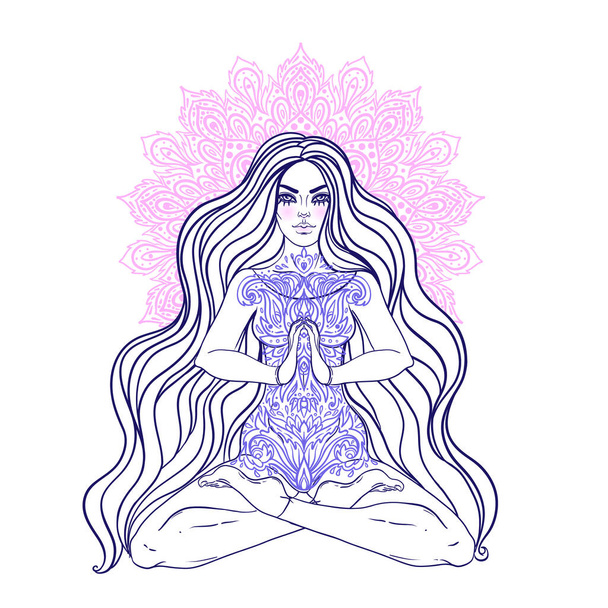 Chakra concept. Girl sitting in lotus position over colorful ornate mandala. Vector ornate decorative illustration isolated on white. Buddhism esoteric motifs. - Vector, Image