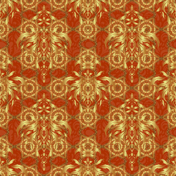 The texture of golden elements on brown background. Raster golden seamless pattern. - Vektör, Görsel