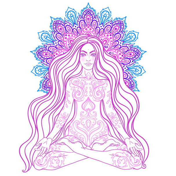 Chakra concept. Girl sitting in lotus position over colorful ornate mandala. Vector ornate decorative illustration isolated on white. Buddhism esoteric motifs. - Vector, imagen