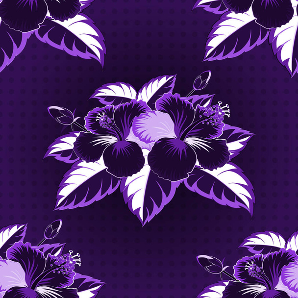 Design hawaïen lumineux avec des plantes tropicales vectorielles et des fleurs d'hibiscus violet, bleu et violet. Illustration vectorielle. - Vecteur, image