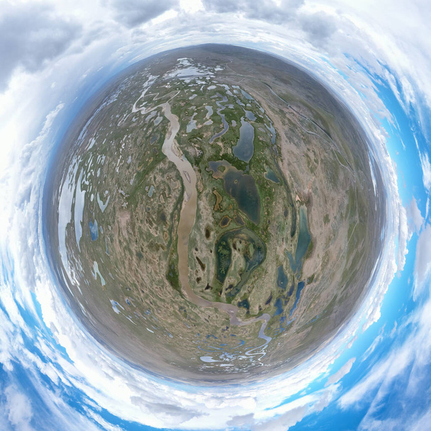 高原湿地や水源保全地域球面パノラマ小さな惑星のイメージ。3つの川源自然保護区中国省マドイ郡 - 写真・画像