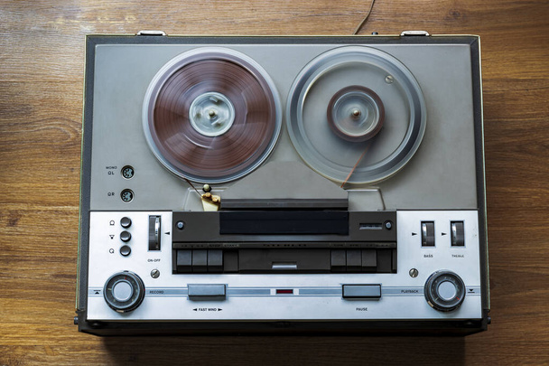 start of old tape recorder, play, pause, rewind, man playing - Photo, Image