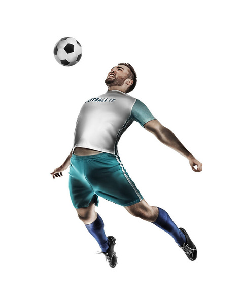 Young man playing football on white background - Φωτογραφία, εικόνα
