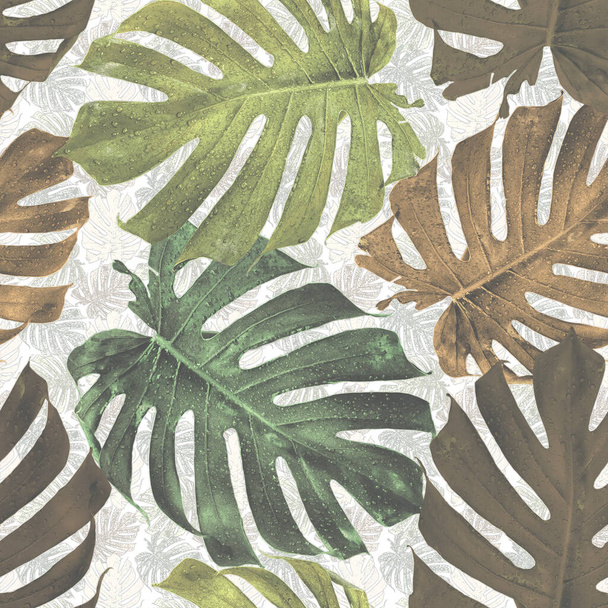 Saumaton monstera trooppinen viidakko palmu lehdet kuvio valkoisella pohjalla laatta, laukku, tekstiili ja koristelu. Kesällä tyyli ranta ja vapaa
. - Valokuva, kuva