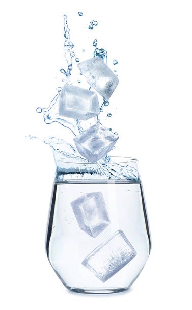 Crystal ice cubes falling into water on white background. Refreshing drink - Foto, afbeelding