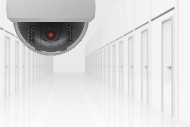 3d weergave. geactiveerd rood oog Beveiligingsbol koepel camera met wazig veel deuren kamer hal achtergrond. - Foto, afbeelding