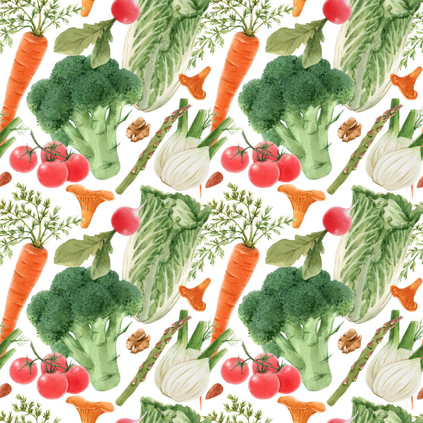 Beautiful seamless pattern with watercolor hand drawn vegetables. Stock illustration. Healthy food painting. - Foto, afbeelding