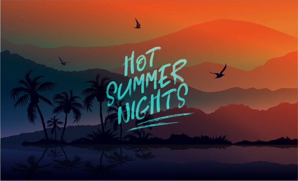 Hot Summer Nights banner. New trendy realistic sand and sea texture. Season vocation, weekend, holiday logo. Summer Time Wallpaper. Happy shiny Day. Vector Lettering. Fashionable styling. Traveling. - Vetor, Imagem