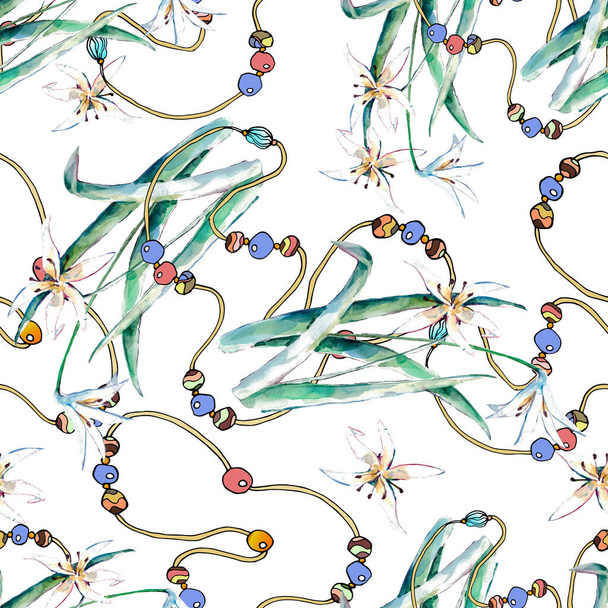 Watercolor bouquet lily with colorful beads on white background. Seamless pattern for fabric. - Foto, imagen