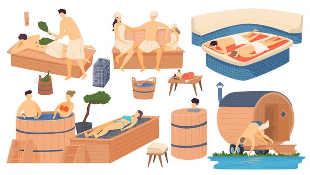 Sauna and spa wooden bathhouse, people in apanese russian and turkish bath, steam house relax and leisure isolated set cartoon vector illustration. - Vektori, kuva