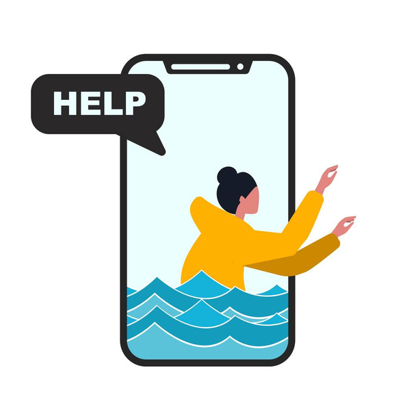 Uso problemático de Internet. Adolescente chica ahogándose dentro de teléfono inteligente, ilustración vectorial aislado en estilo plano
 - Vector, Imagen