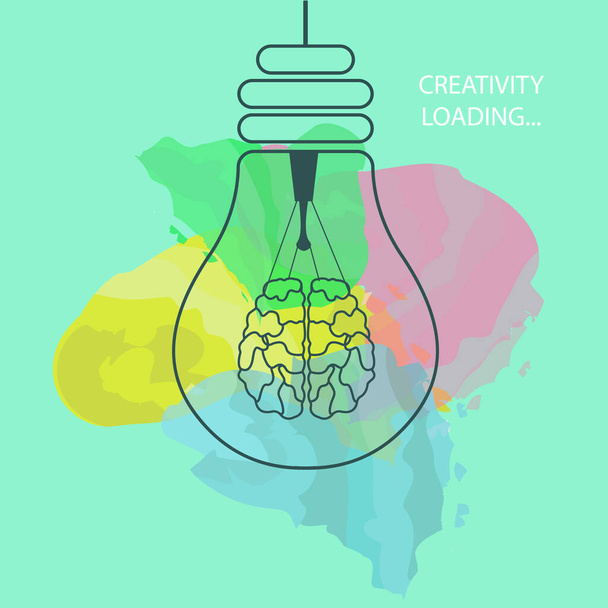 Creatief denken. Lamp met hersenen als wolfraam draad op kleur achtergrond, dunne lijn vector illustratie - Vector, afbeelding